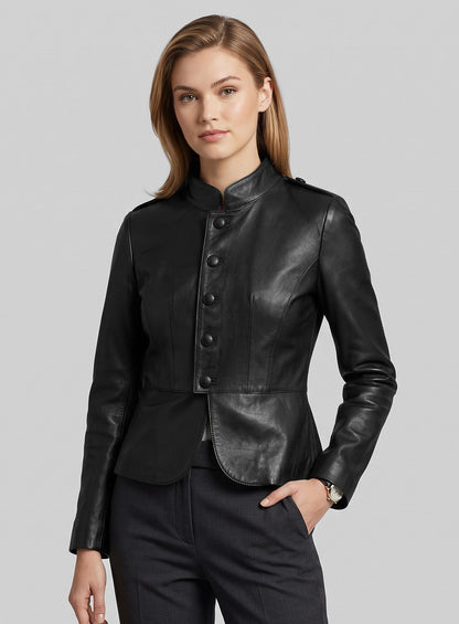 Woman wearing a black leather stand-collar jacket with peplum hem, three-quarter view