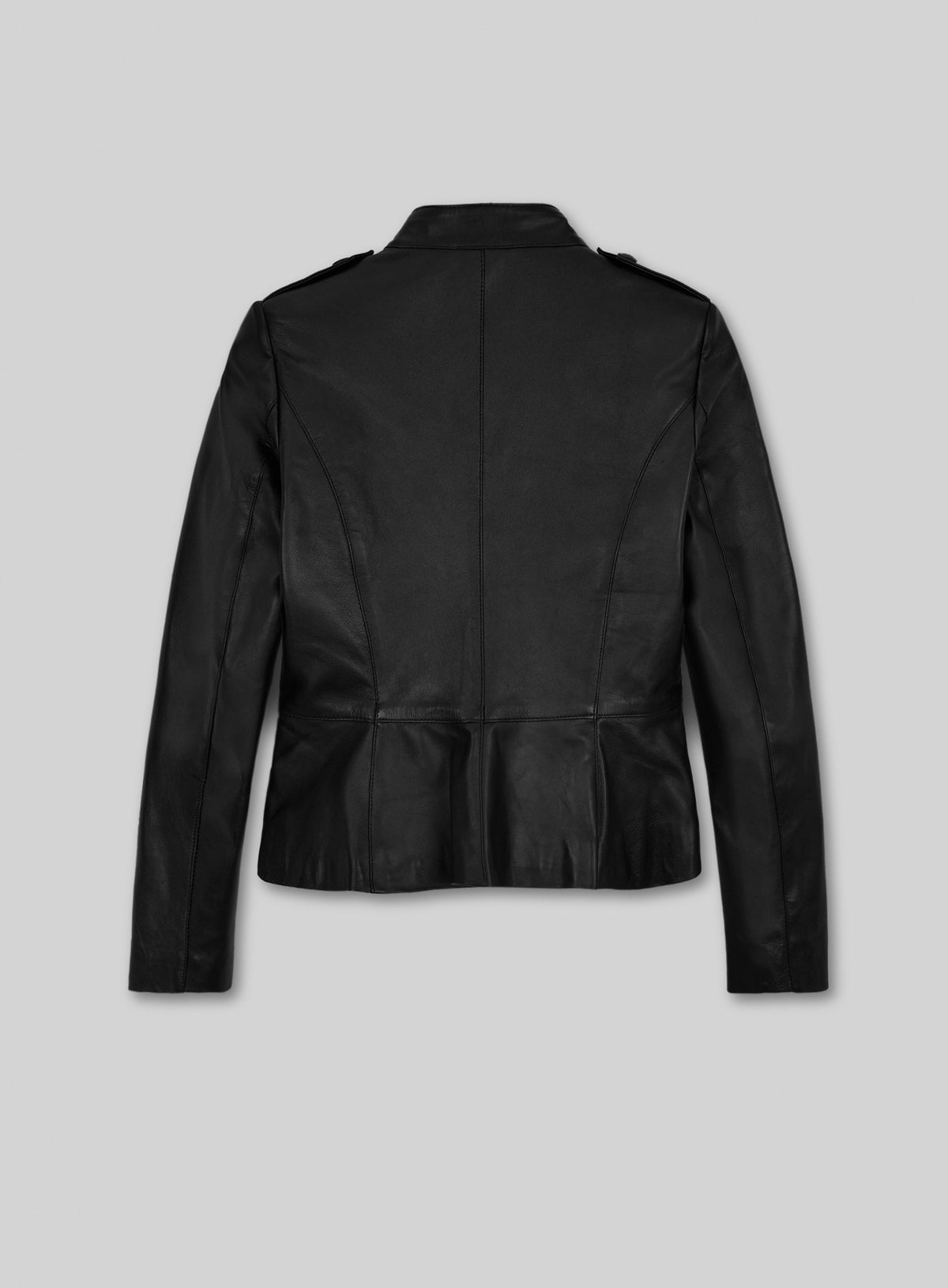 Back view of a black leather stand-collar jacket with peplum hem