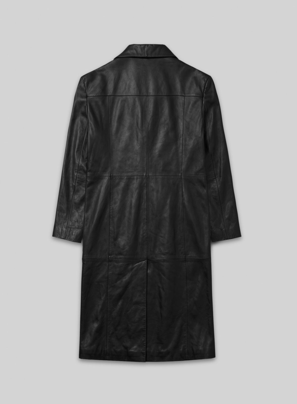 Back view of a black leather long coat with panel seams and center vent