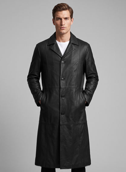 Man wearing a black single-breasted leather long coat, close front view