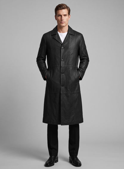 Full-length view of a man in a black leather long coat with black trousers