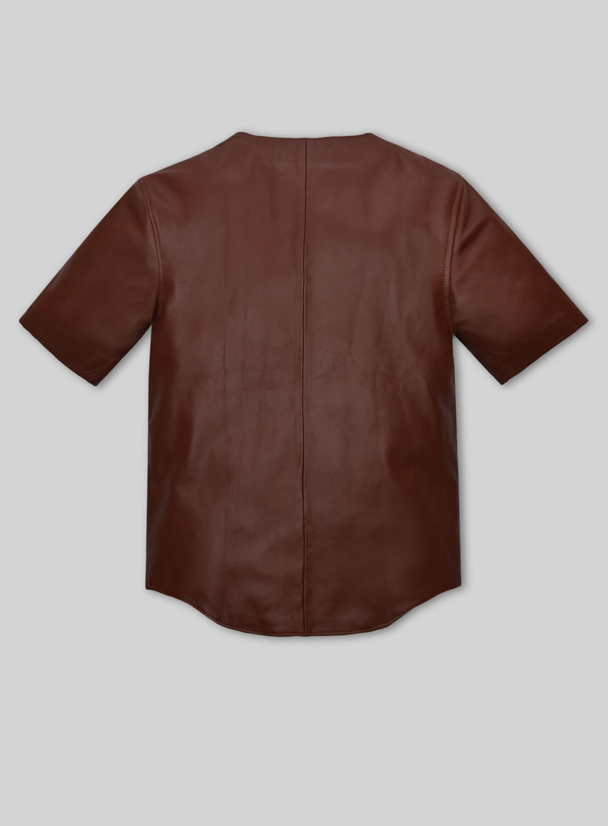 Back view of a brown leather t-shirt with center seam