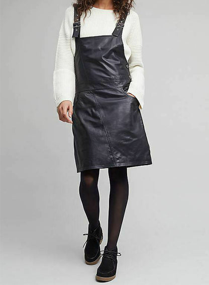 leather dungaree dress A-Line Fit Women Leather Dungaree Dress LeatherViz