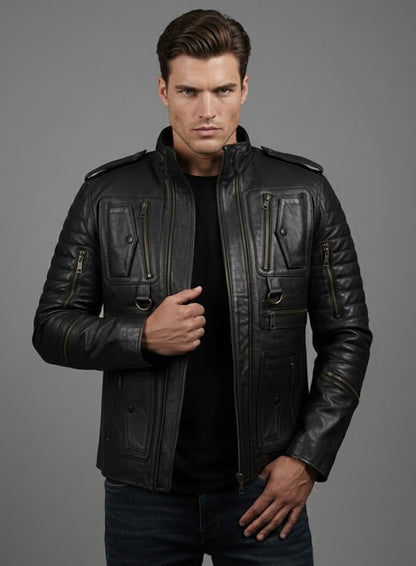 Thick Black Leather Jacket # 641