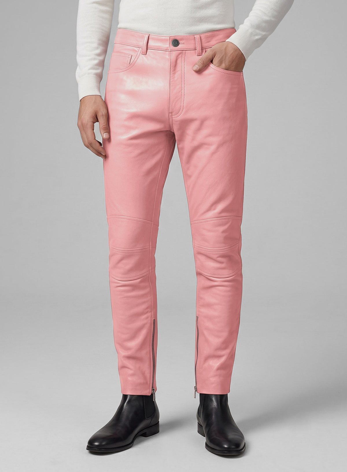 Light Pink Leather  Biker Jeans - Style #1