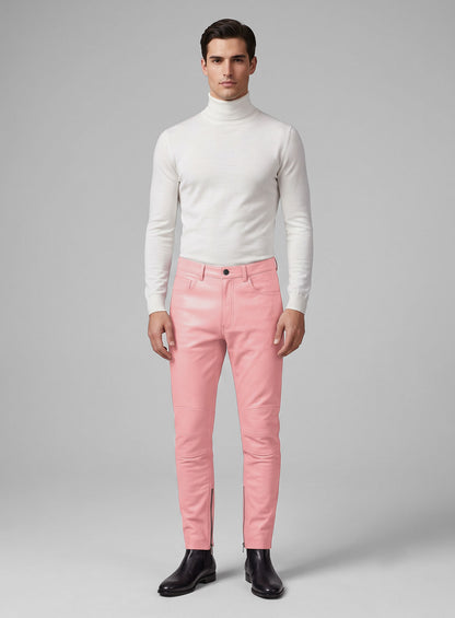 Light Pink Leather  Biker Jeans - Style #1