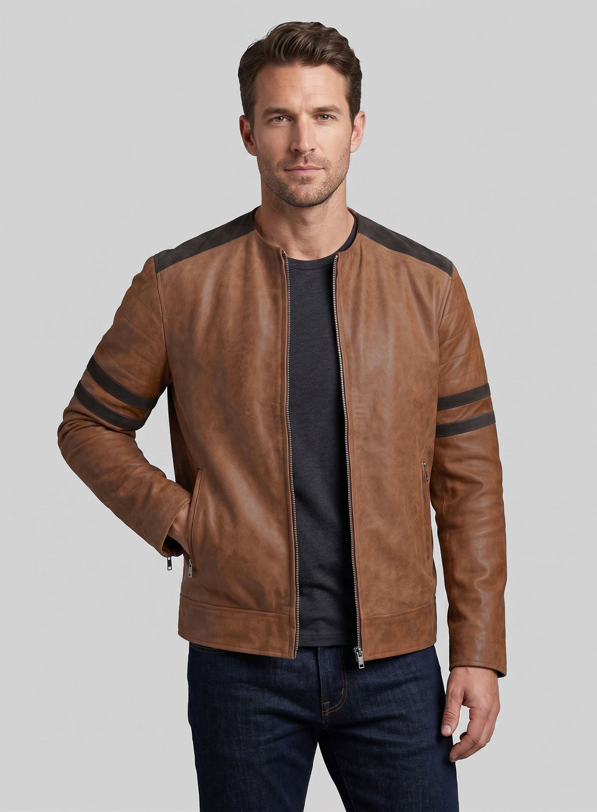 Light Vintage Tan Hide Leather Fighter T-Shirt Jacket