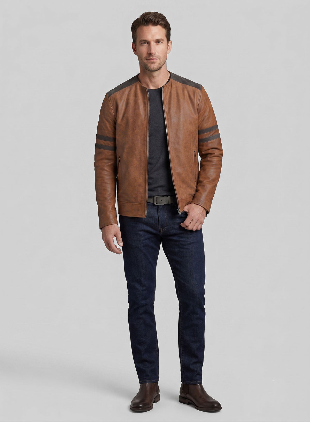 Light Vintage Tan Hide Leather Fighter T-Shirt Jacket