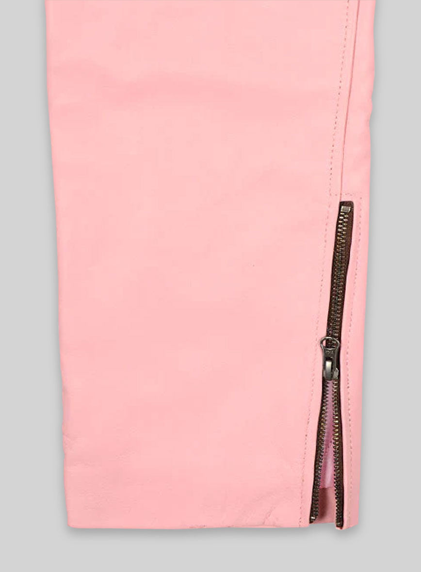 Light Pink Leather  Biker Jeans - Style #1