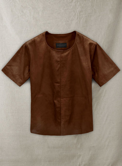 Light Weight Unlined Brown Leather T-shirt - LeatherCult