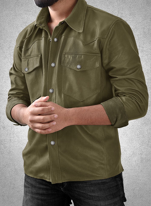 Light Weight Unlined Mauve Green Leather Shirt - LeatherCult