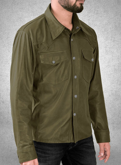 Light Weight Unlined Mauve Green Leather Shirt - LeatherCult