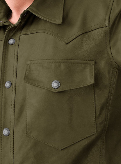Light Weight Unlined Mauve Green Leather Shirt - LeatherCult