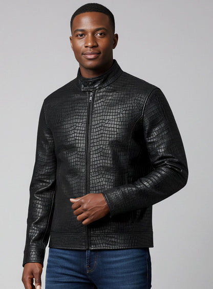 Lustrous Croc Black Leather Jacket