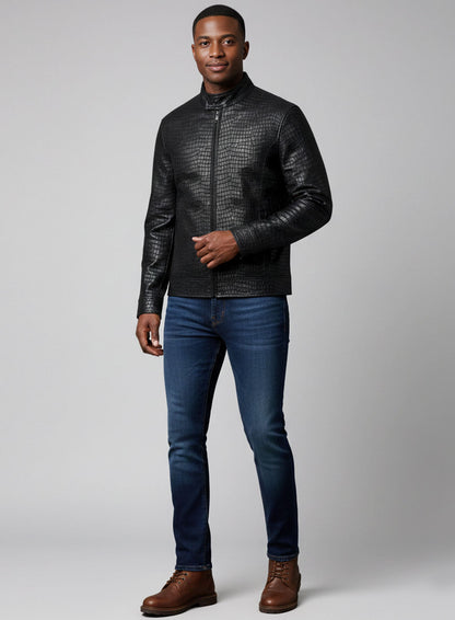 Lustrous Croc Black Leather Jacket