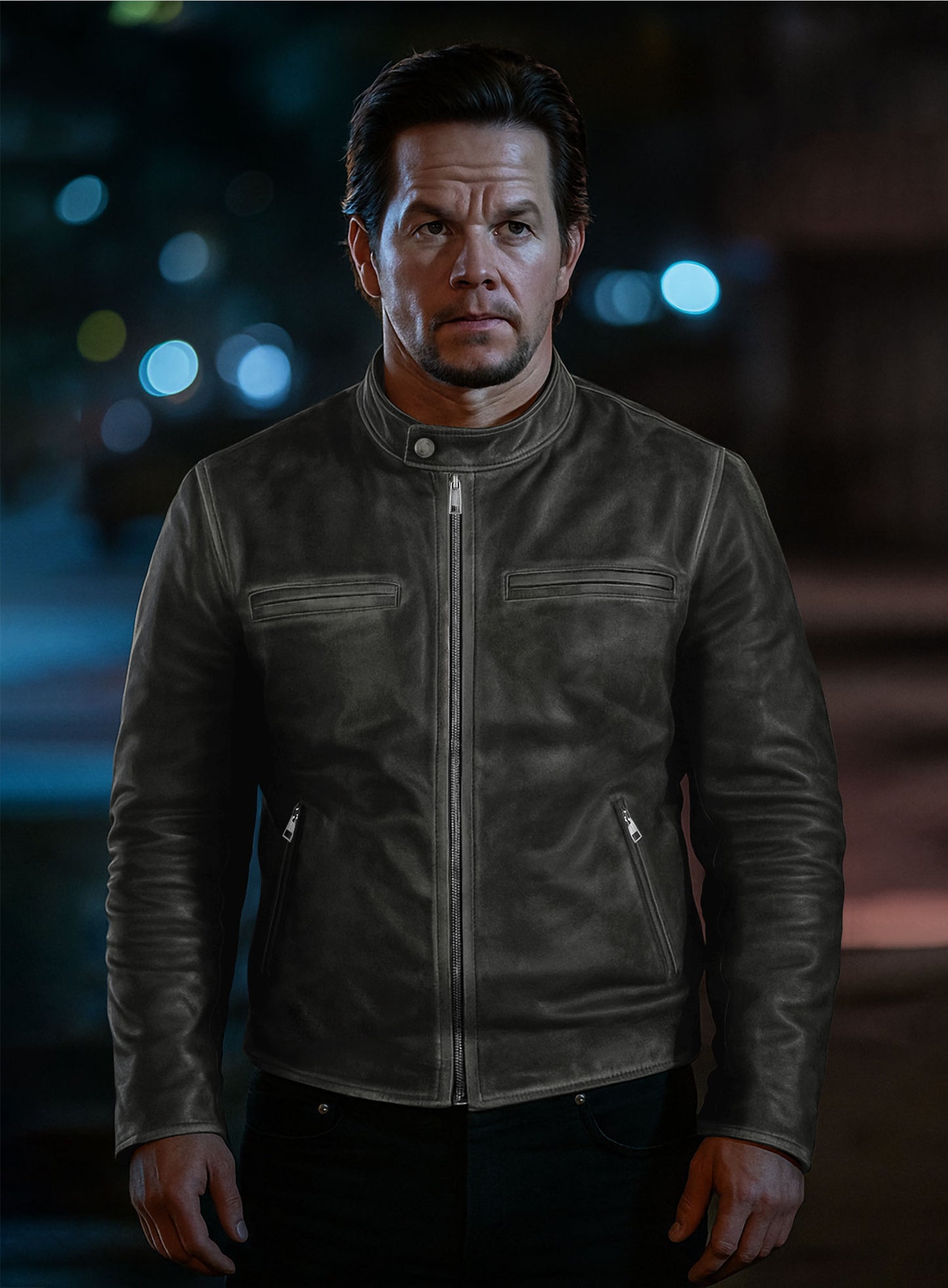 Rubbed Charcoal Mark Wahlberg Daddys Home Leather Jacket