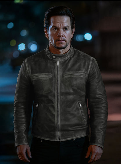 Rubbed Charcoal Mark Wahlberg Daddys Home Leather Jacket