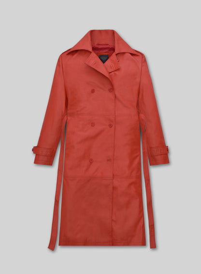 Front view of a red double-breasted belted long leather trench coat