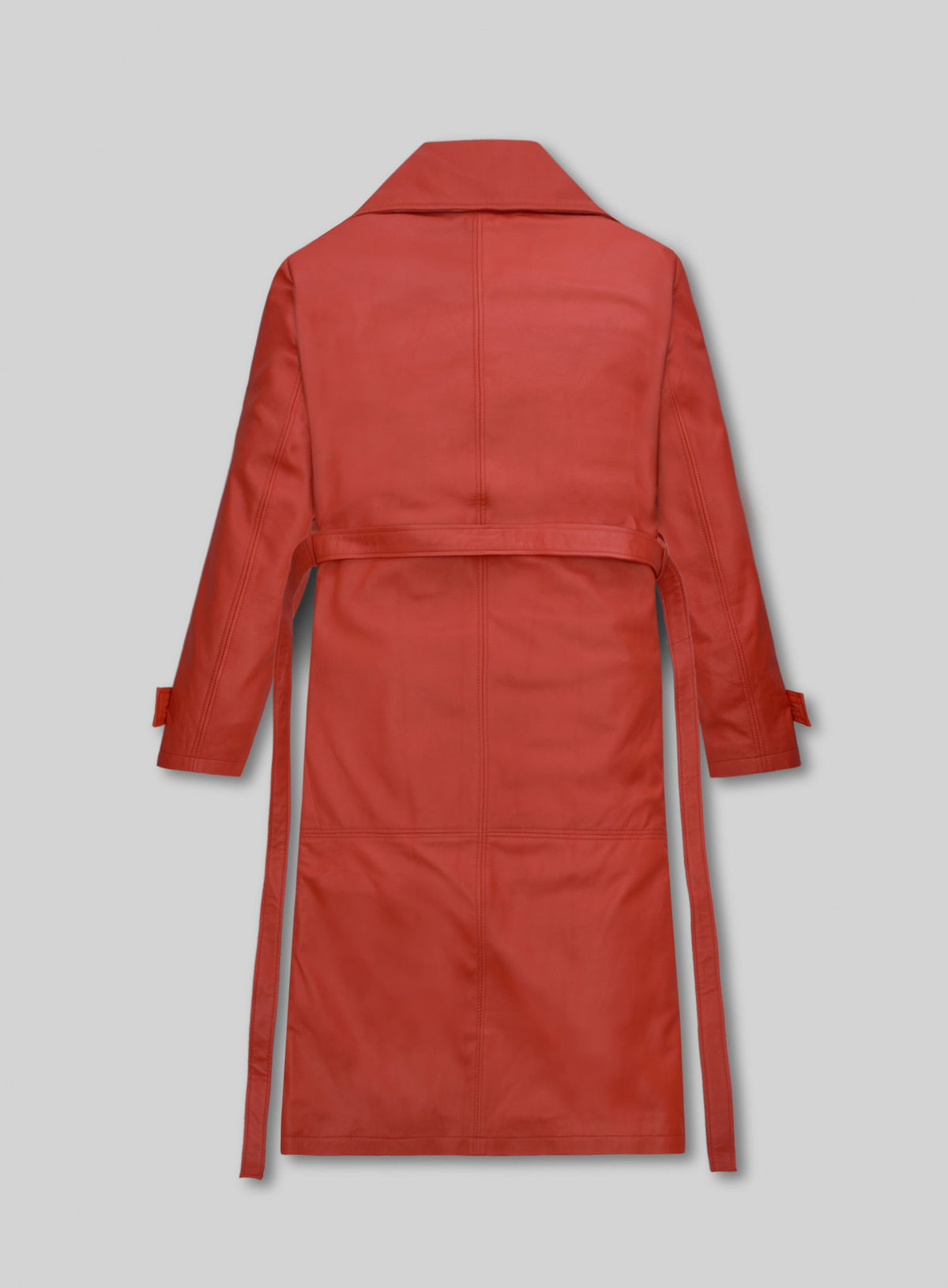 Back view of a red long leather trench coat with tie belt and sleeve straps