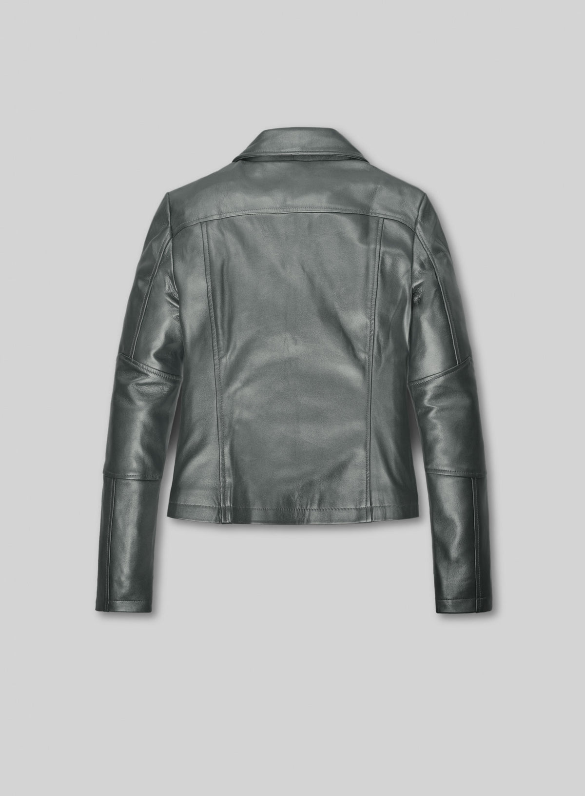 Back view of a metallic grey leather biker jacket with seamed panels and paneled sleeves