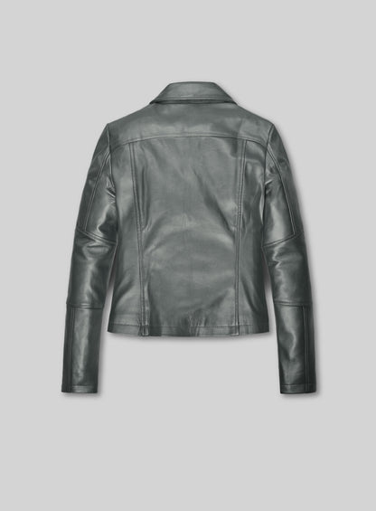 Back view of a metallic grey leather biker jacket with seamed panels and paneled sleeves