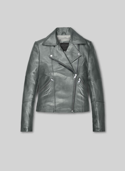 Front view of a metallic grey leather biker jacket with asymmetric zipper and two zip pockets