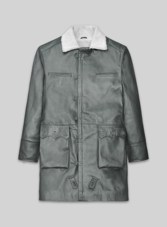 Front view of a grey metallic leather trench coat with white shearling collar and large flap pockets