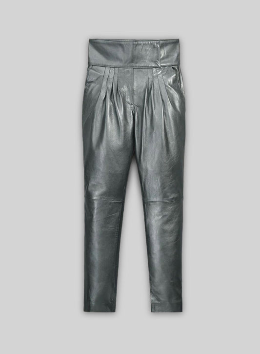 Metallic Lurex Gray Carey Mulligan Leather Pants