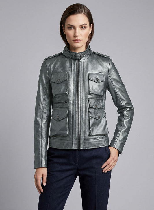 Metallic Lurex Gray Leather Jacket # 235