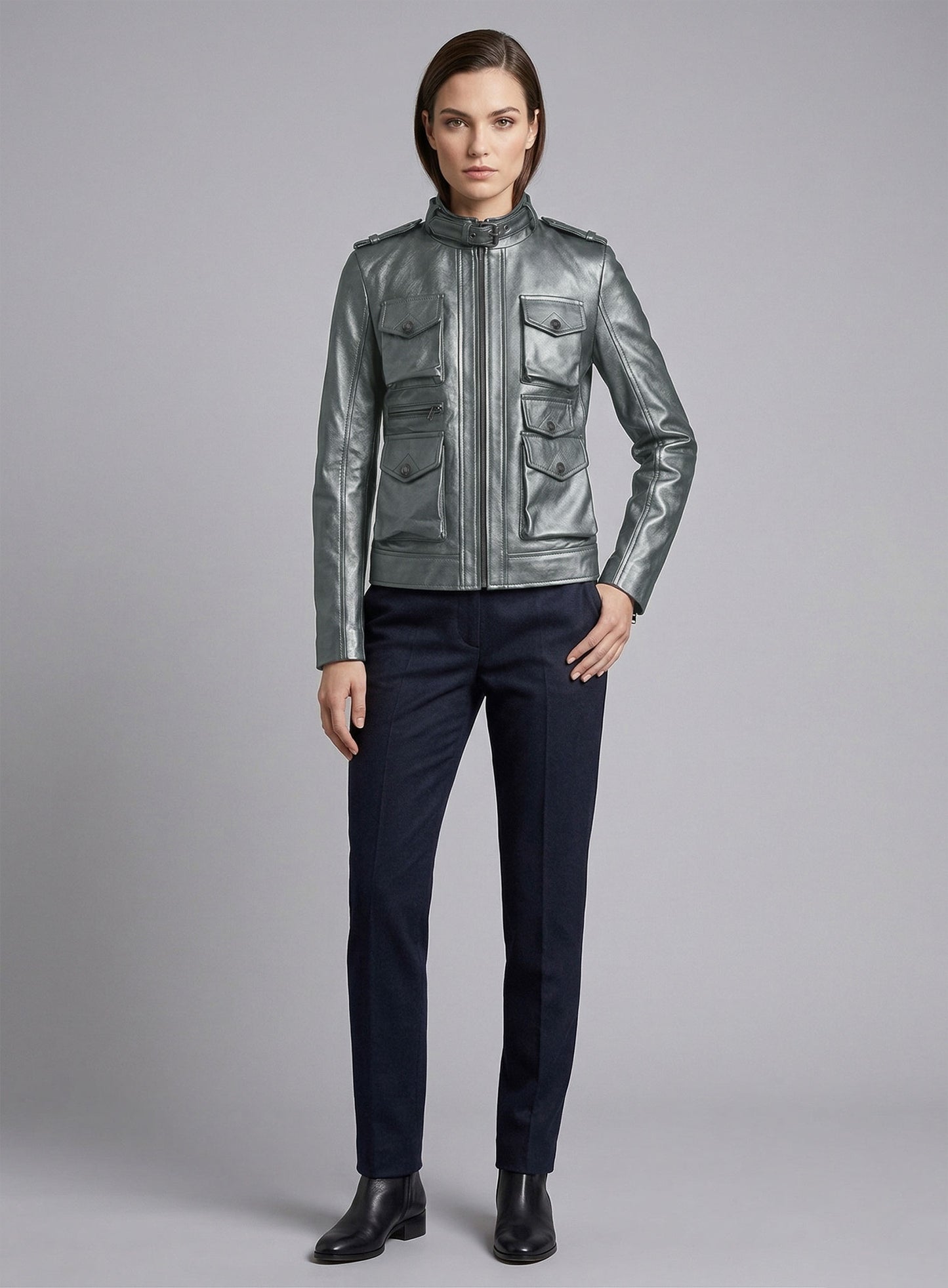Metallic Lurex Gray Leather Jacket # 235