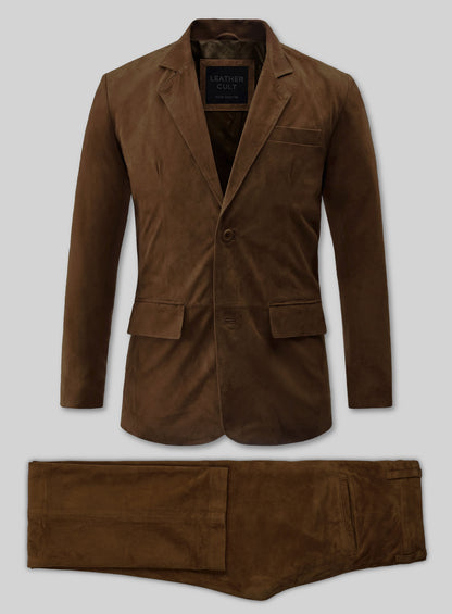 Flat lay of a mid brown suede leather suit with two-button blazer and trousers