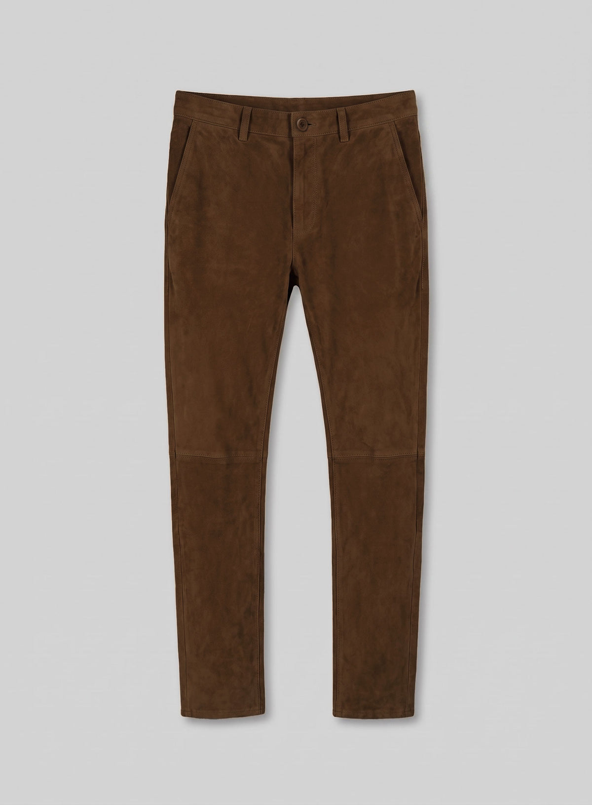 Front view of mid brown suede leather trousers with knee seams