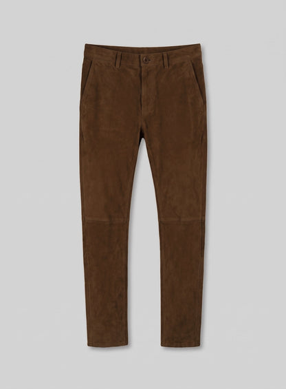 Front view of mid brown suede leather trousers with knee seams