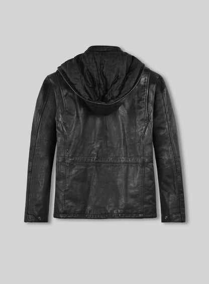 Black Military M-65 Hood Leather Jacket
