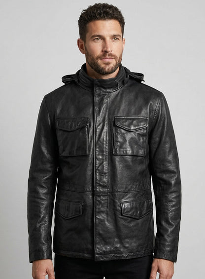 Black Military M-65 Hood Leather Jacket