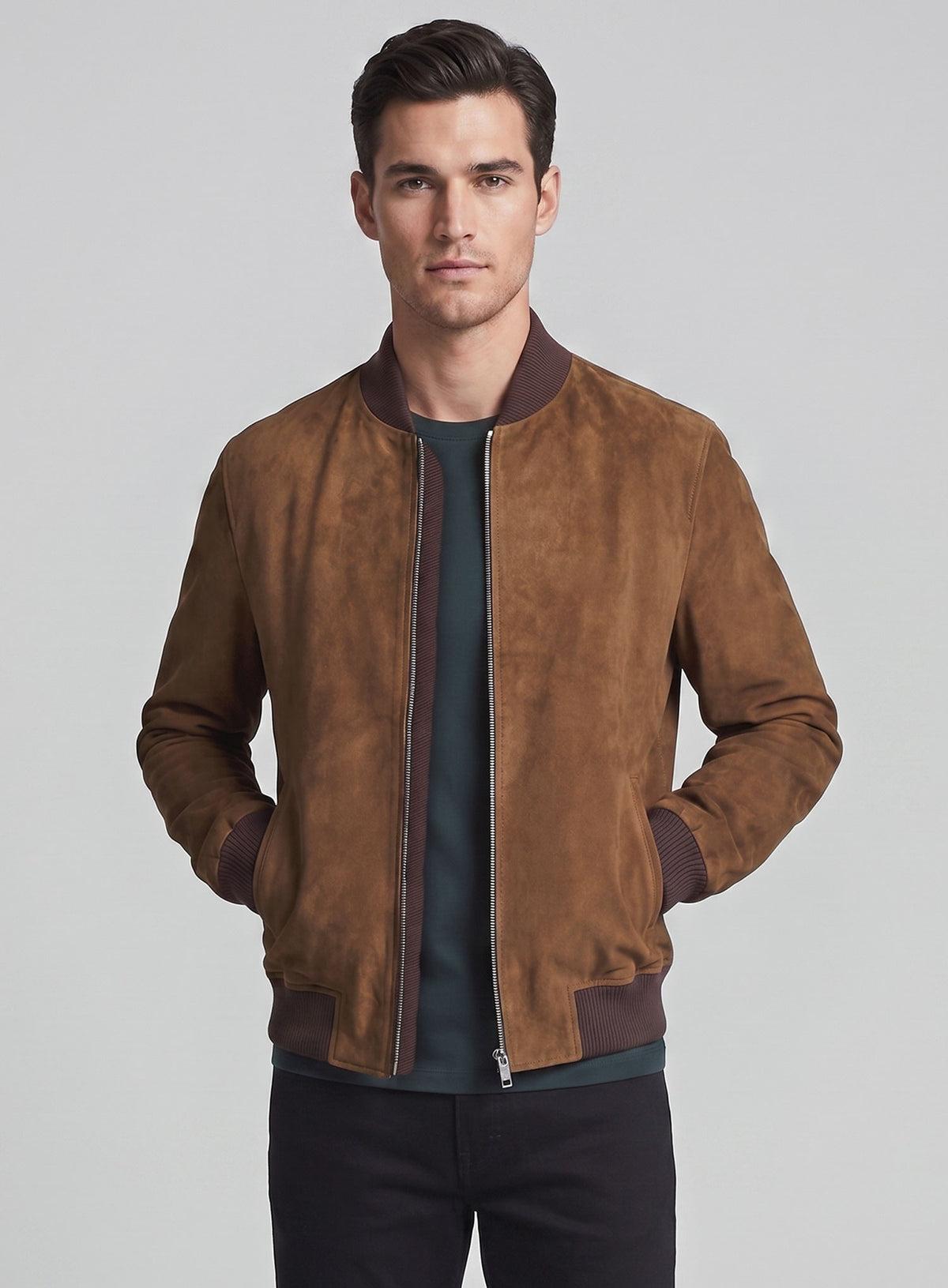 Oak Brown Suede Richard Madden Leather Jacket #1