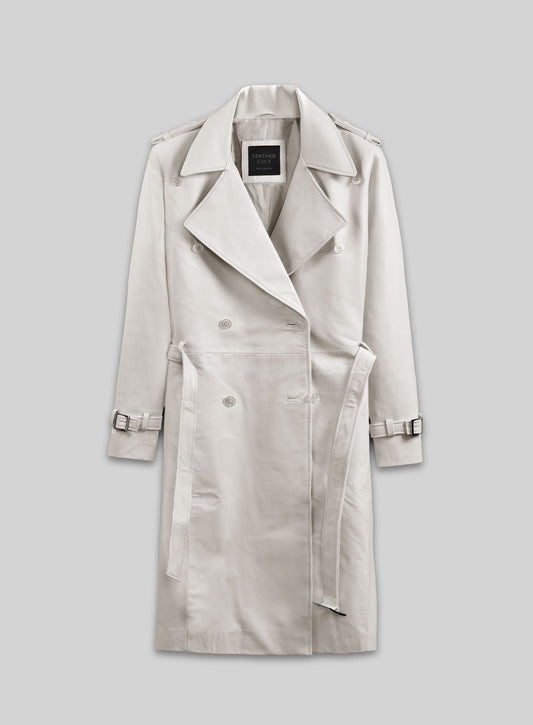 Front view of an off-white double-breasted leather trench coat with notch lapel and belt