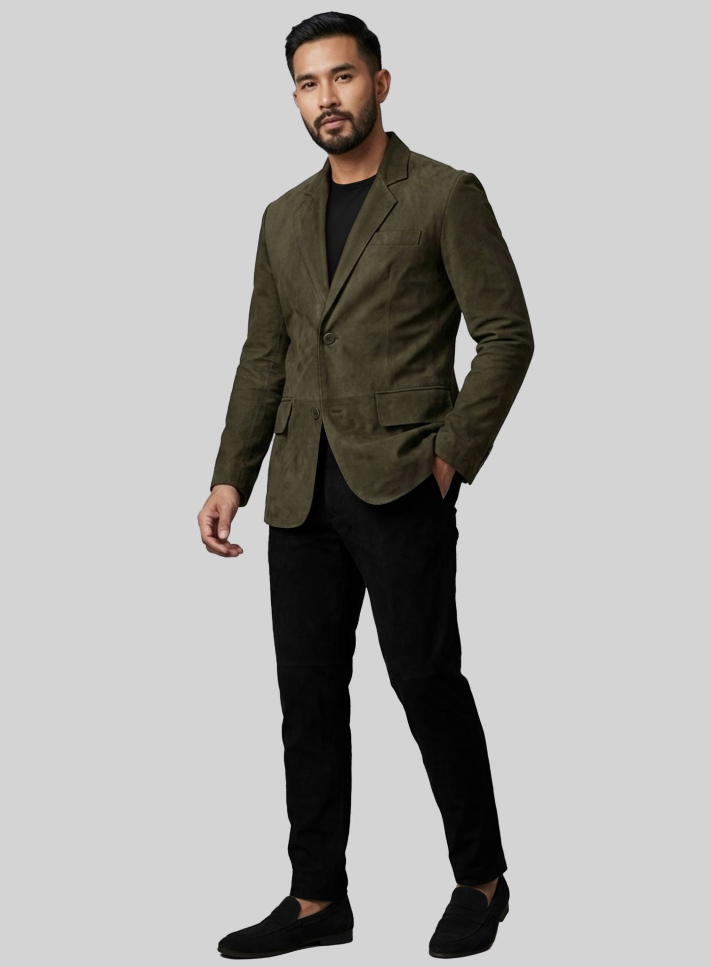 Olive Green Suede Leather Blazer