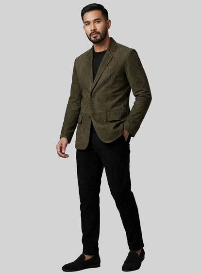 Olive Green Suede Leather Blazer