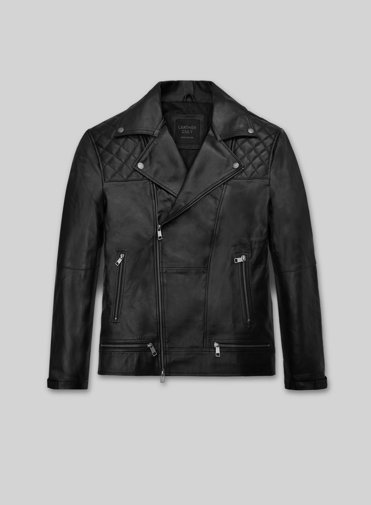 Front view of a black quilted-shoulder leather biker jacket with asymmetric zip and zip pockets