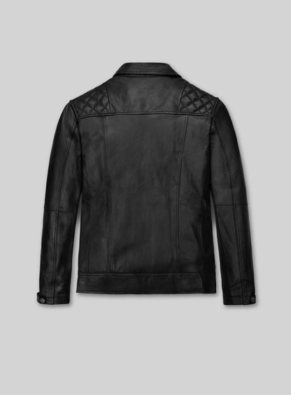 Back view of a black leather biker jacket with quilted shoulders and snap cuff tabs