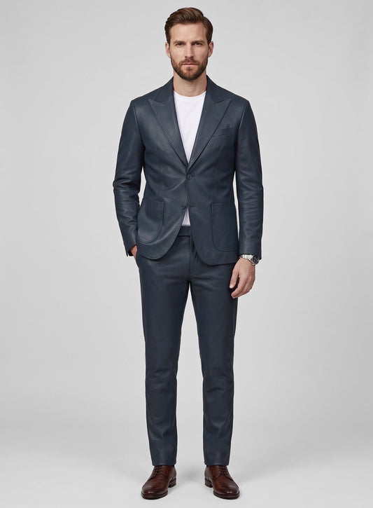 Peak Lapel Winsor Blue Lambskin Leather Suit