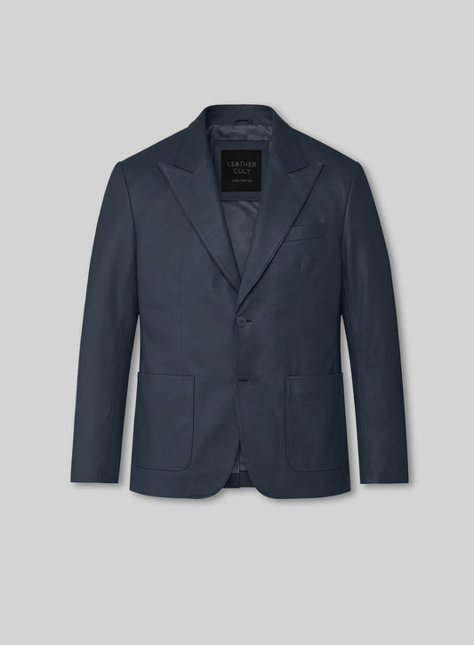 Peak Lapel Winsor Blue Lambskin Leather Blazer