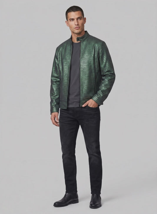 Gleaming Croc Metallic Green Leather Jacket