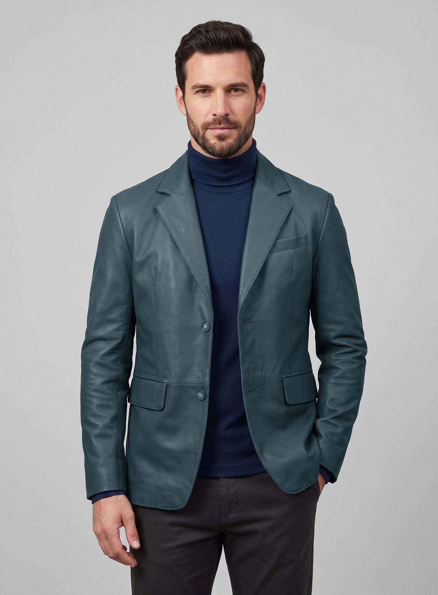 Prussian Blue Lambskin Leather Blazer