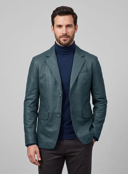 Prussian Blue Lambskin Leather Blazer