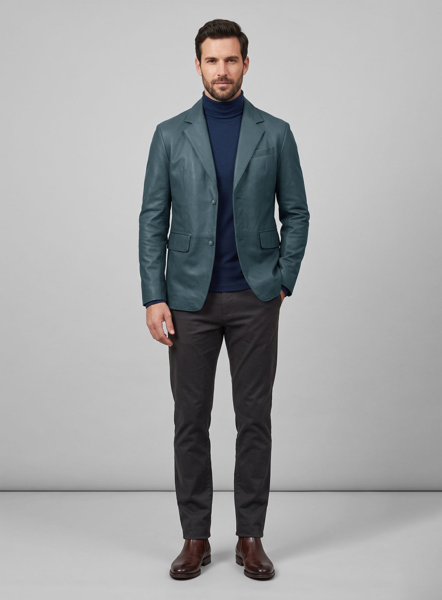 Prussian Blue Lambskin Leather Blazer