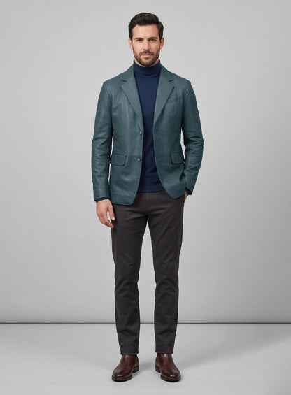 Prussian Blue Lambskin Leather Blazer