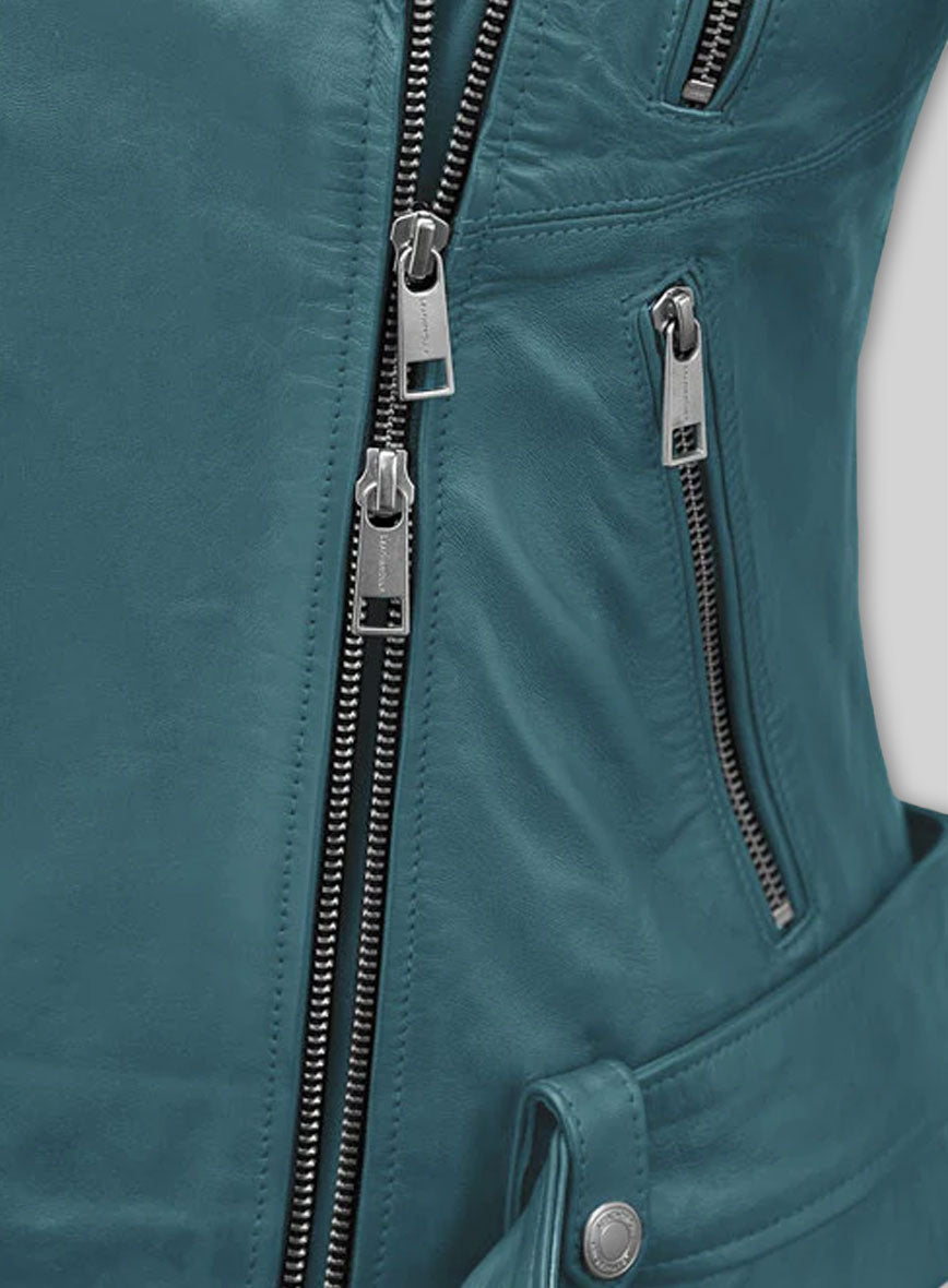 Prussian Blue Washed & Wax Jessica Alba Leather Jacket #2