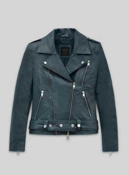 Prussian Blue Washed & Wax Jessica Alba Leather Jacket #2